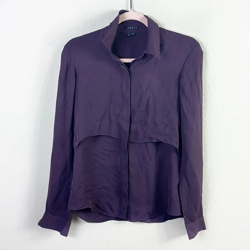 Theory 100% silk long sleeve button down top blouse purple P